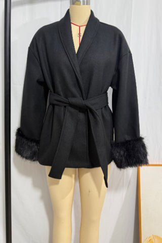 Belted Wrap Jacket with Fur Cuffs