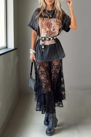 Sheer Floral Flowy Maxi Skirt