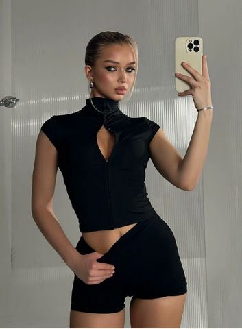 High-Neck Short Set with Keyhole Detail