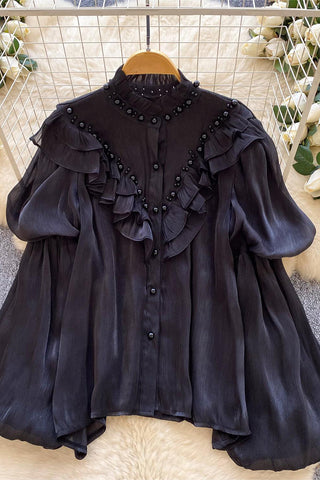 Pearl-Trimmed Ruffle Blouse