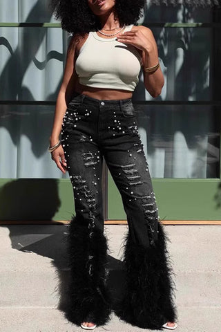 Distressed Bootcut Jeans with Feather Trim