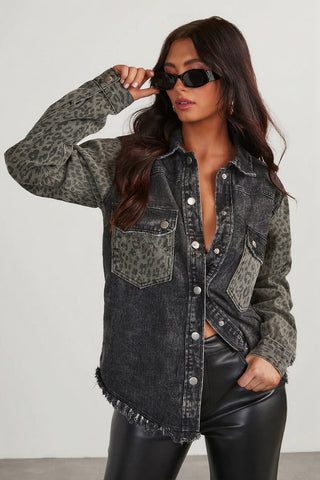 Snap-Front Leopard Sleeve Denim Jacket
