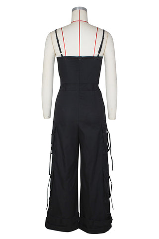 Wide-Leg Cargo Jumpsuit with Straps