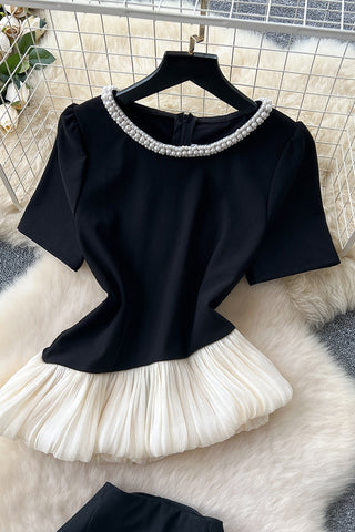 Elegant Pearl-Trim Peplum Skirt Set