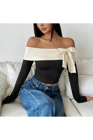 Off-Shoulder Bow Long-Sleeve Top