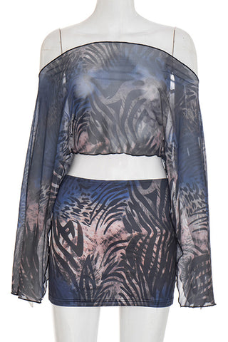 Off-Shoulder Abstract Print Skirt Set