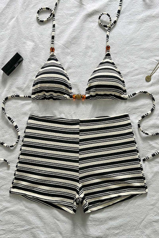 Striped Bikini Set with High-Waist Bottoms