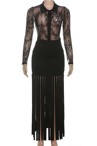 Sheer Lace Top and Fringe Skirt Set