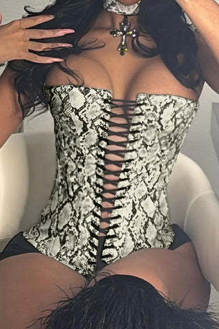 Lace-Up Strapless Snake Print Tank