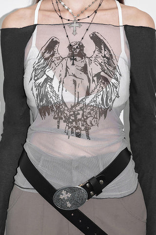 Off-Shoulder Graphic Mesh Top