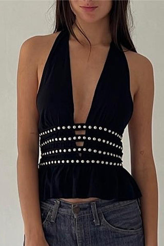 Studded Halterneck Peplum Top