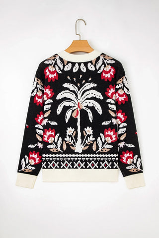 Floral Print Buttoned V Neck Cardigan