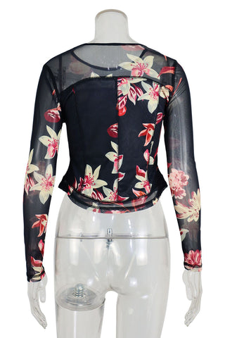 Floral Long-Sleeve Mesh Blouse