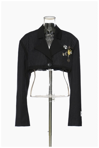 Cropped Pinstripe Blazer with Brooch