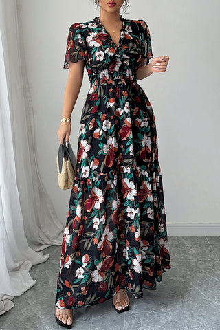 Floral Print V Neck Casual Maxi Dress