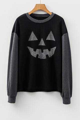 Rhinestone Pumpkin Long Sleeve Patchwork Top