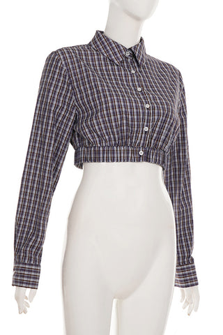 Button-Front Plaid Crop Shirt