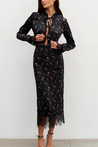 Lace Trimmed Floral Skirt Set