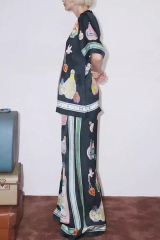 Printed Shirt and Wide-Leg Pants Set