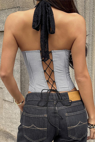 Button-Front Lace and Stripe Tank