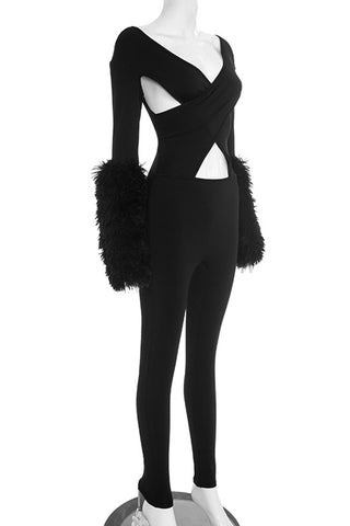 Cutout Long-Sleeve Jumpsuit with Fluffy Cuffs