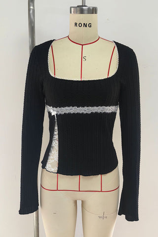 Ribbed Long-Sleeve Blouse with Lace Detail