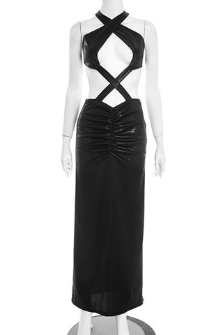 Cross-Strap Rouched Evening Dress