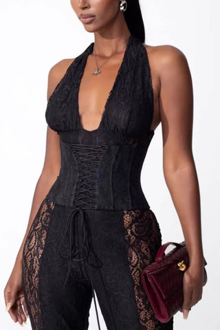 Lace-Up Halter Lace Jumpsuit