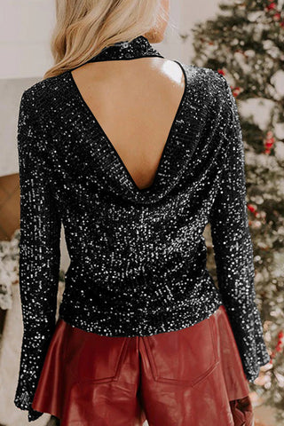 Sequin Mock Neck Drape Open Back Bell Sleeve Top