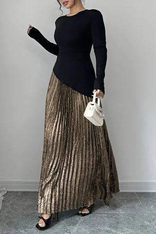 Asymmetric Long-Sleeve Pleated Dress
