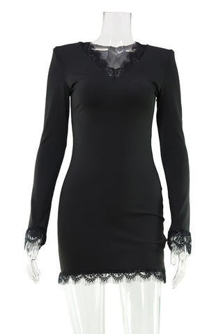 V-Neck Lace Trim Mini Dress