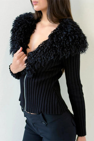 Zipper-Front Textured Collar Cardigan