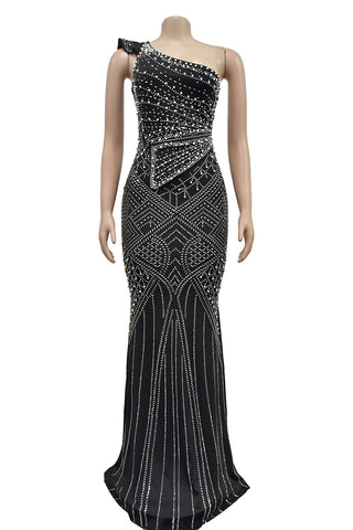 One-Shoulder Beaded Evening Gown