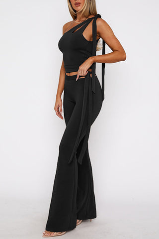 One-Shoulder Tie-Accent Pants Set