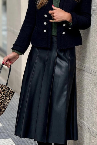 Retro Buckle Pleated Flared Midi Skirt