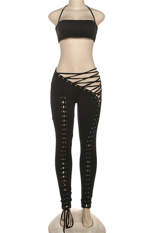 Eyelet Lace-Up Crop Top and Pants Set