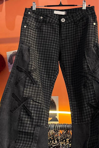 Patchwork Flare Jeans with Lace-Up Detail