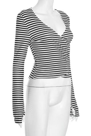 Striped Wrap-Front Long Sleeve Top