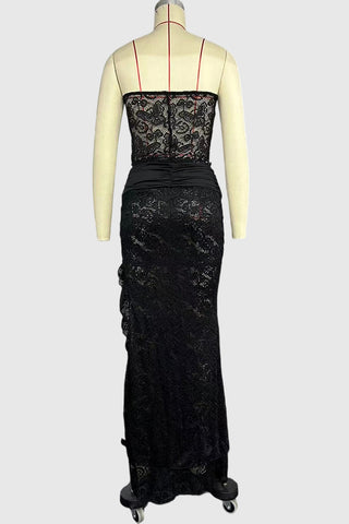 Lace Spliced Skirt Set With Ruched Detail
