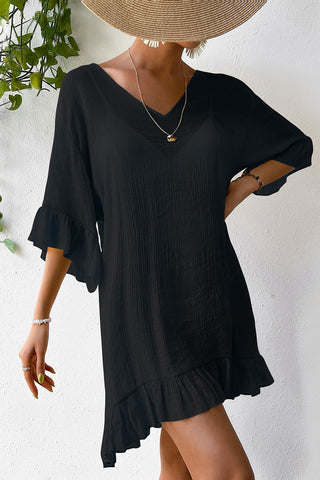 Breezy V-Neck Ruffle Hem Cover-Up