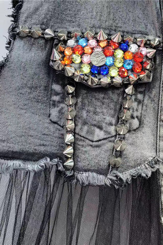 Embellished Denim Vest with Mesh Details