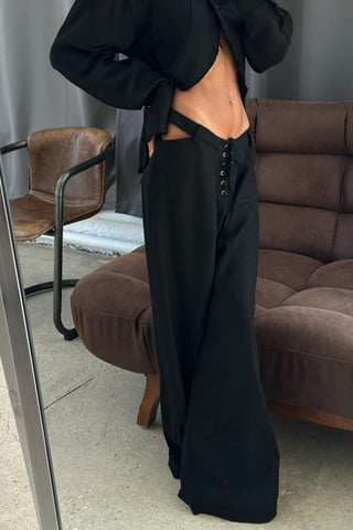 Lace-Up Pants Set with Collared Top