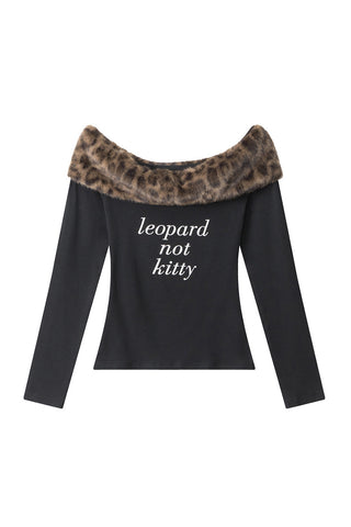 Off-Shoulder Graphic Tee with Faux Fur Collar