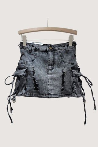 Distressed Denim Mini Skirt with Side Ties