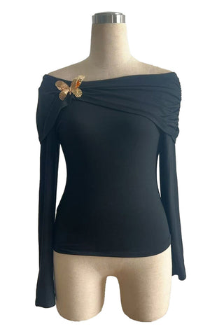 Off-Shoulder Butterfly Accent Blouse