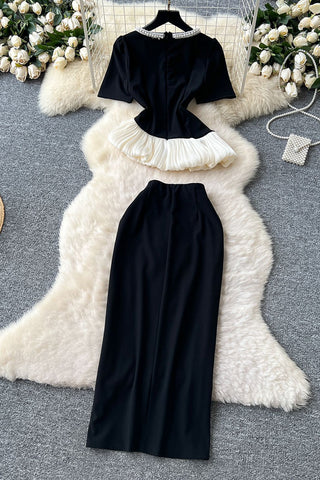 Elegant Pearl-Trim Peplum Skirt Set