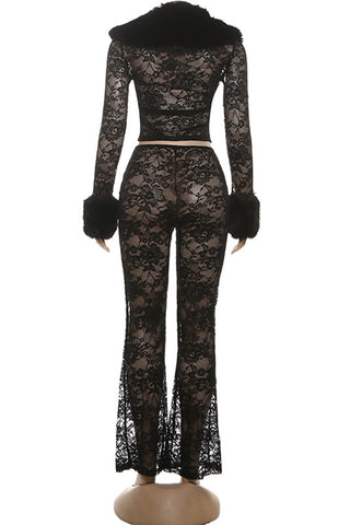 Fur-Trim Lace Top & Pants Set