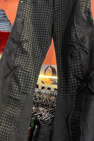 Patchwork Flare Jeans with Lace-Up Detail