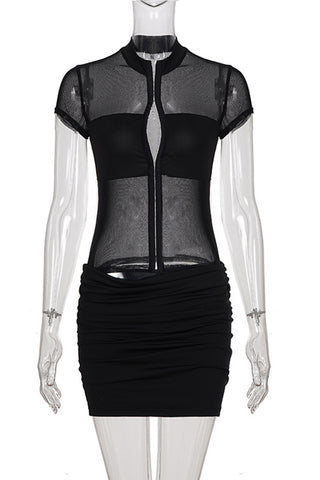 Sheer Panel Ruched Casual Dress