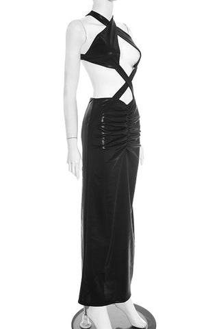 Cross-Strap Rouched Evening Dress